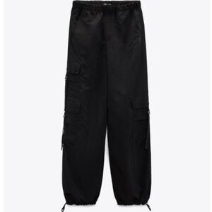 Zara Nylon Black Cargo Parachute Pants with Relaxed Fit